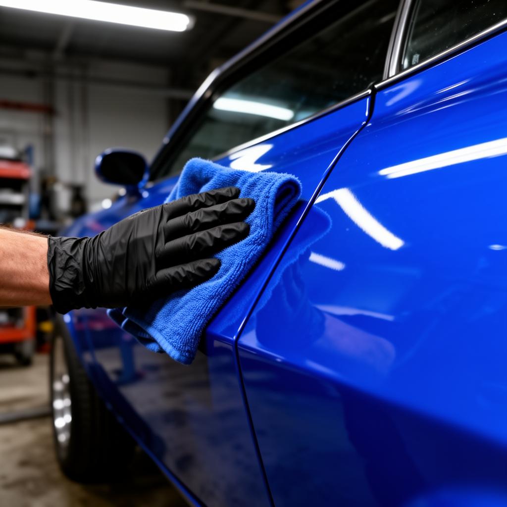 Technician hand-polishing a freshly painted royal blue panel